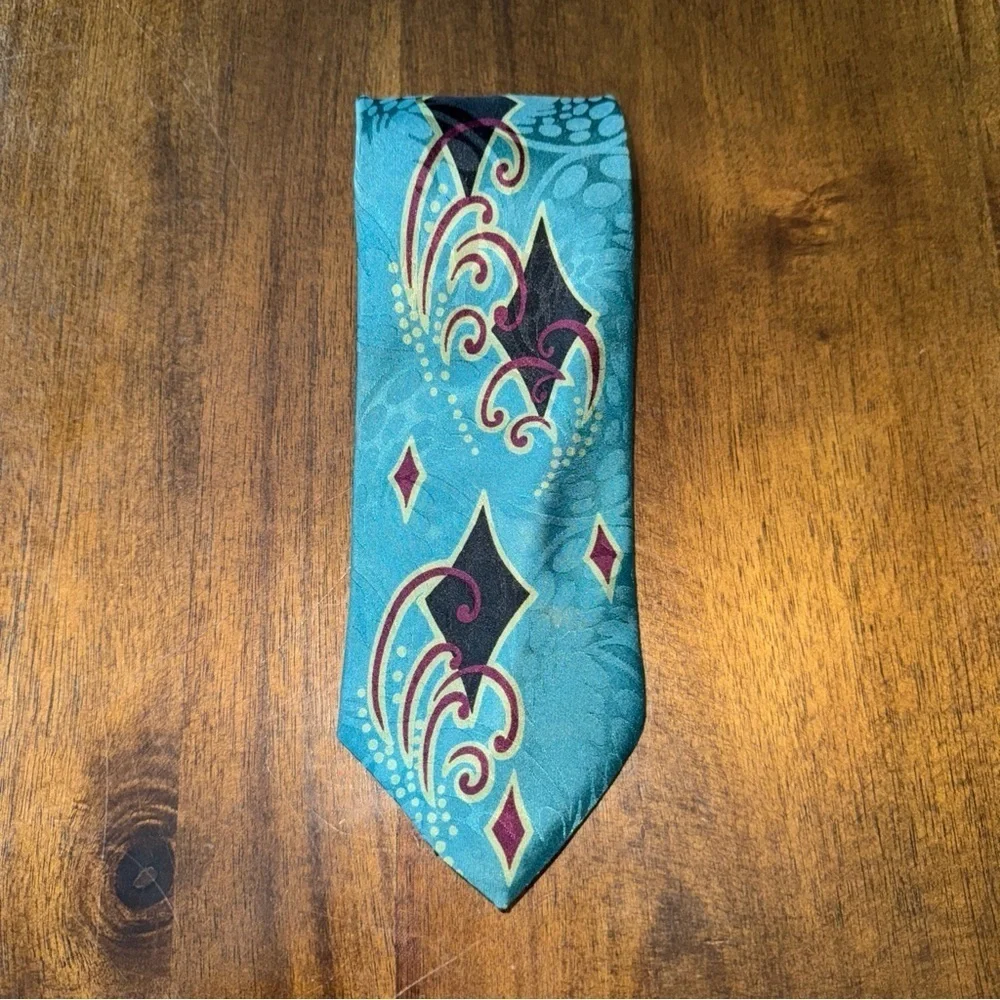 Screenplay by Martin Wong Mens Tie 100% Silk Abstract Teal Blue Diamond Retro